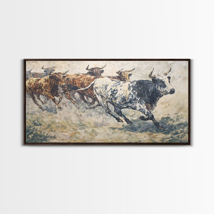 Textured Longhorn Cattle Framed Canvas Print, African Safari Wall Art, Rustic Animal Painting, Neutral Living Room Decor