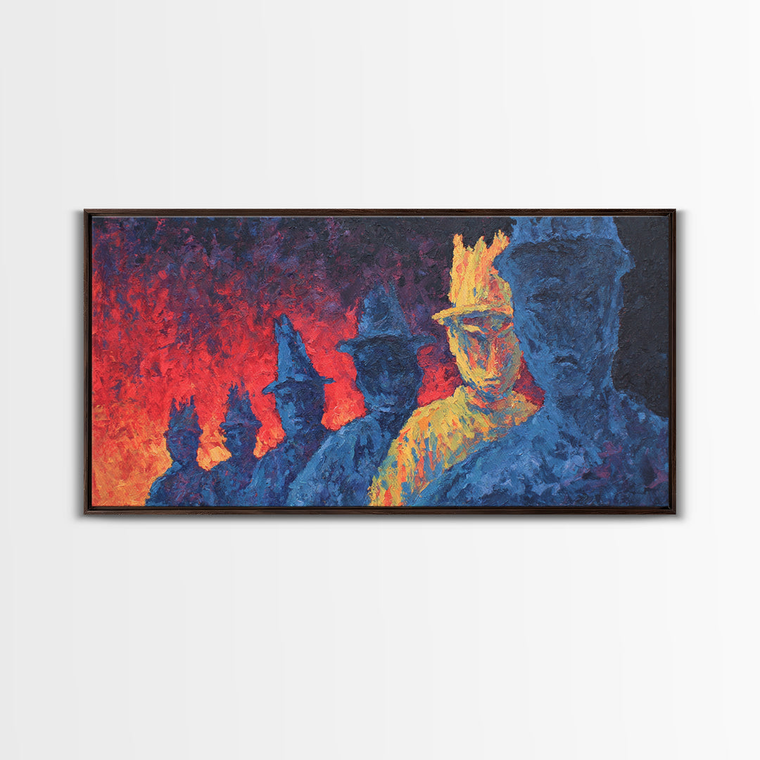 Fiery Blue And Gold Figures Framed Canvas Print, African Warrior Art, Bold Abstract Black Art, Vibrant Statement Home Decor