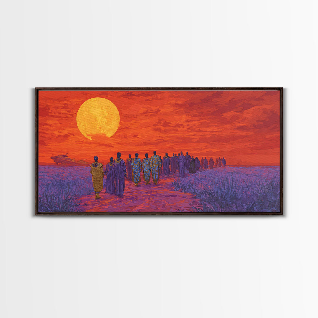 African Procession Under Orange Sun Framed Canvas Print, African Women Art, Cultural Wall Decor, Afrocentric Home Decor Gift