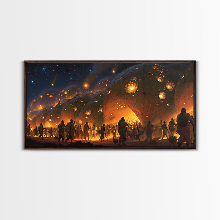 Fiery Afrofuturist Dome Village Wall Art, Modern African Art, Black Culture Art, Statement Canvas Decor For Living Room Gift