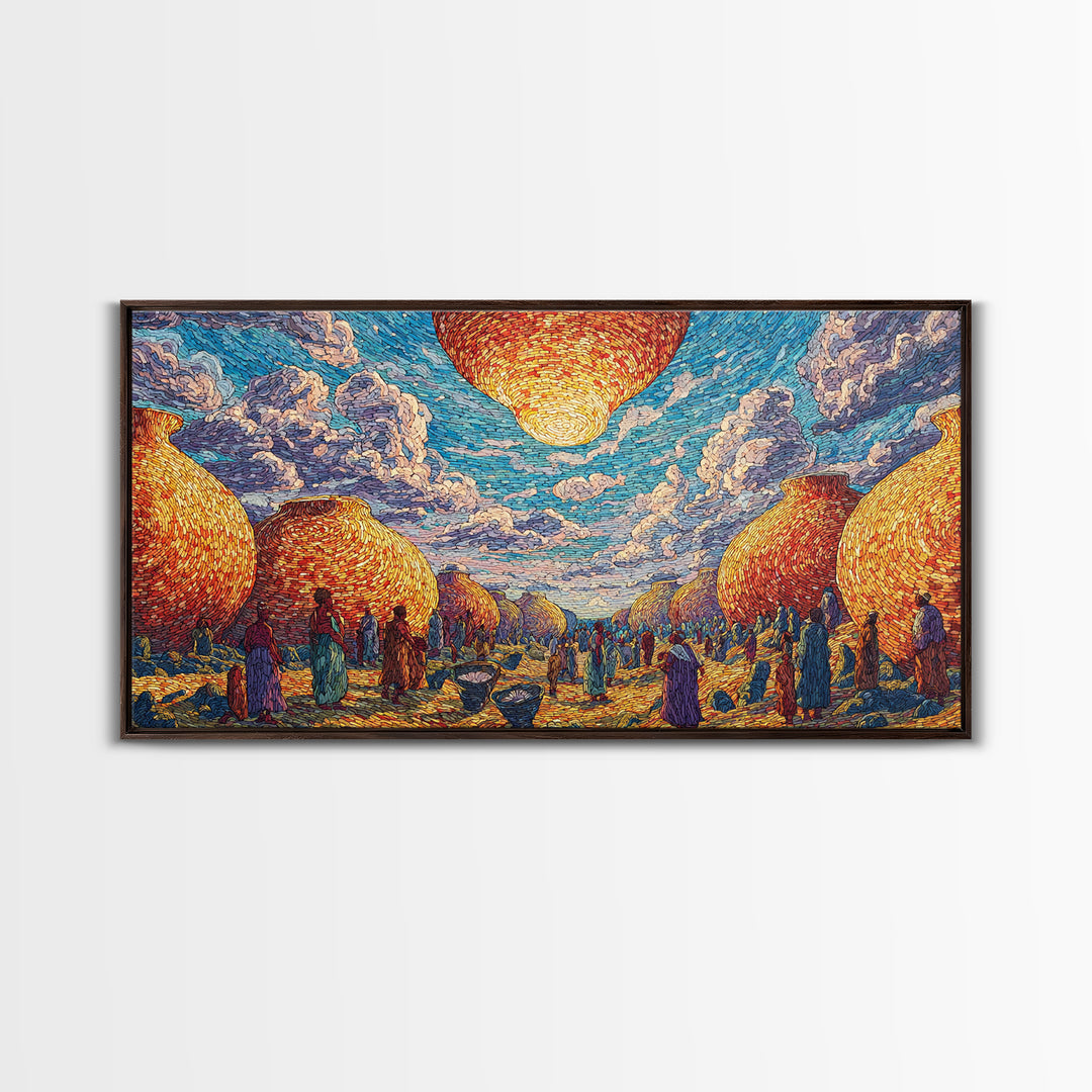 Golden Woven Village And Blue Sky Wall Art, African Landscape, Cultural Art Print, Boho African Home Decor Gift For Living Room