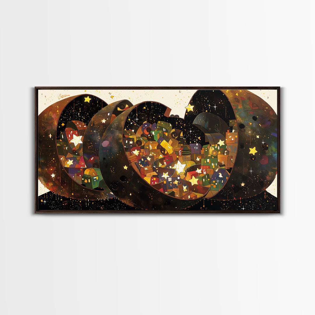 Celestial Crescent Star Village Wall Art, African Inspired Abstract, Black Gold Canvas Print, Whimsical Boho Decor Gift For Her