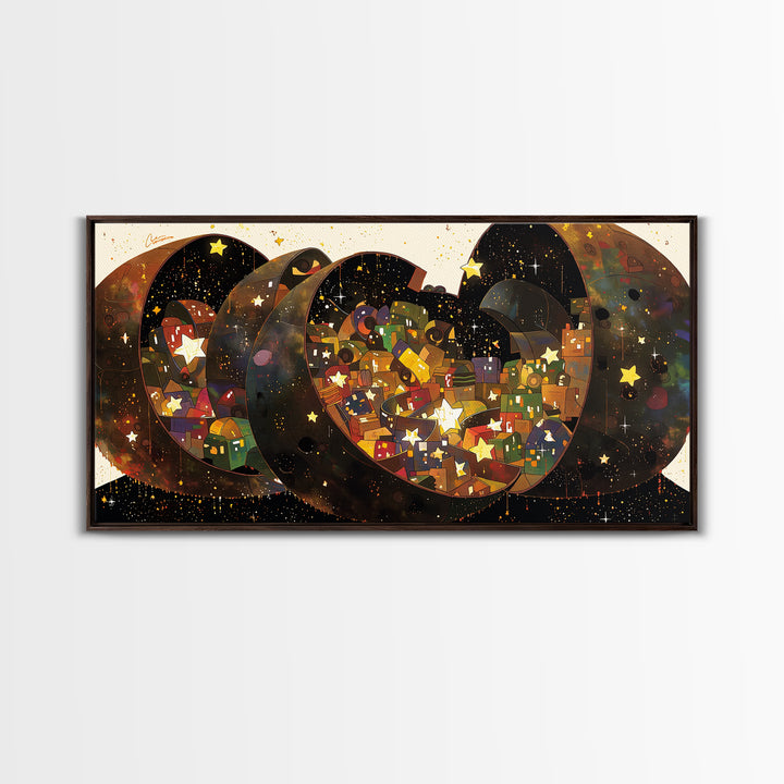 Celestial Crescent Star Village Wall Art, African Inspired Abstract, Black Gold Canvas Print, Whimsical Boho Decor Gift For Her