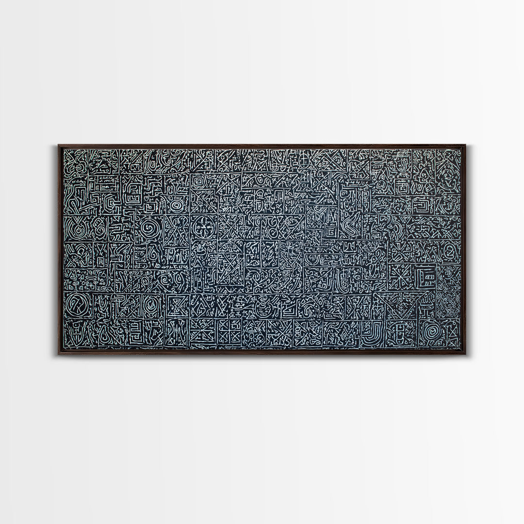 White Tribal Glyph Pattern On Black Wall Art, African Tribal Art, Geometric Wall Art, Ethnic Home Decor Canvas Print Gift