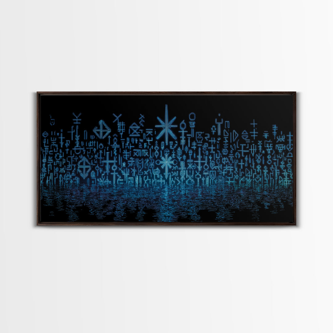 Blue Glowing Ancestral Symbols Over Water Canvas Print, African Abstract Art, Spiritual Wall Art, Mystical Wall Decor Gift