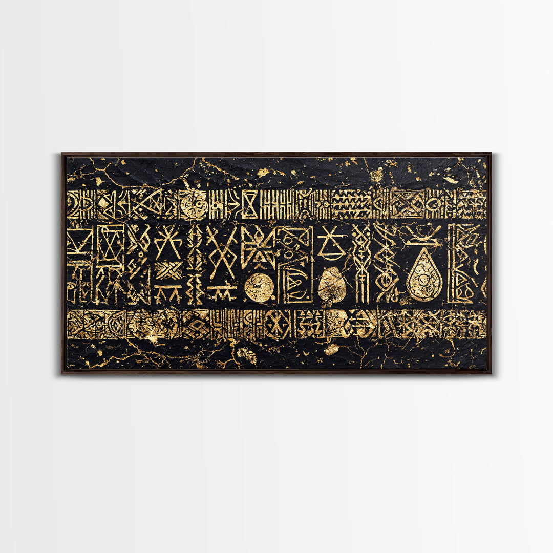 Ancient Gold Tribal Symbols On Black Stone Wall Art, African Tribal Art, Cultural Wall Decor, Textured Canvas Print Gift