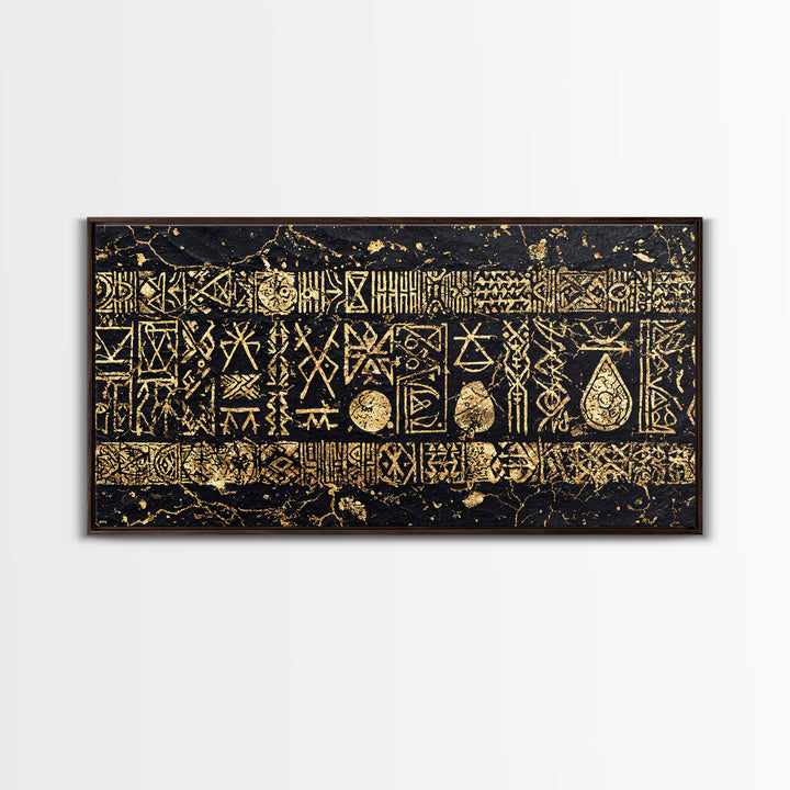 Ancient Gold Tribal Symbols On Black Stone Wall Art, African Tribal Art, Cultural Wall Decor, Textured Canvas Print Gift