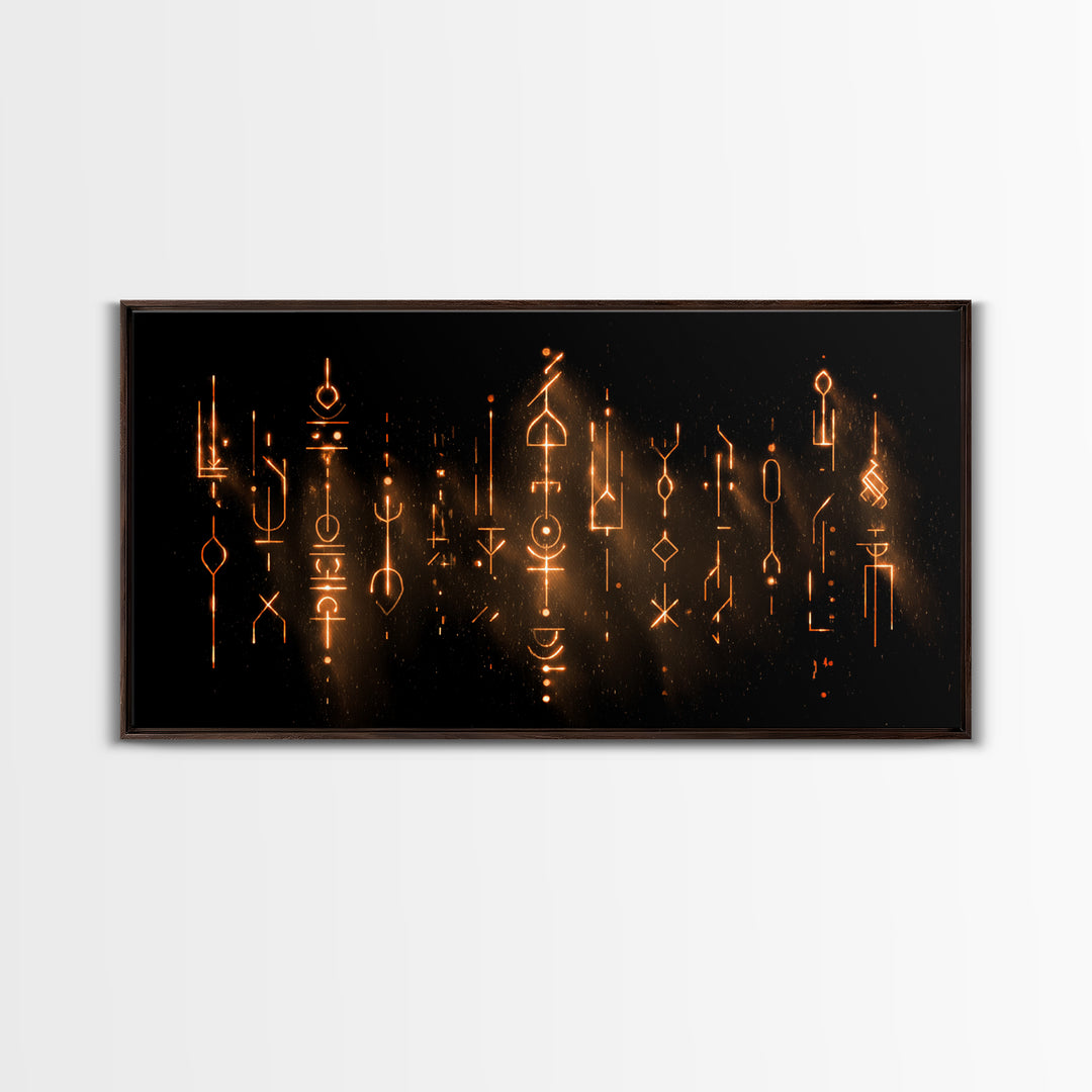Glowing Ancestral Symbols Wall Art, African Inspired Abstract Canvas, Spiritual Black Gold Decor, Mystic Tribal Art Print