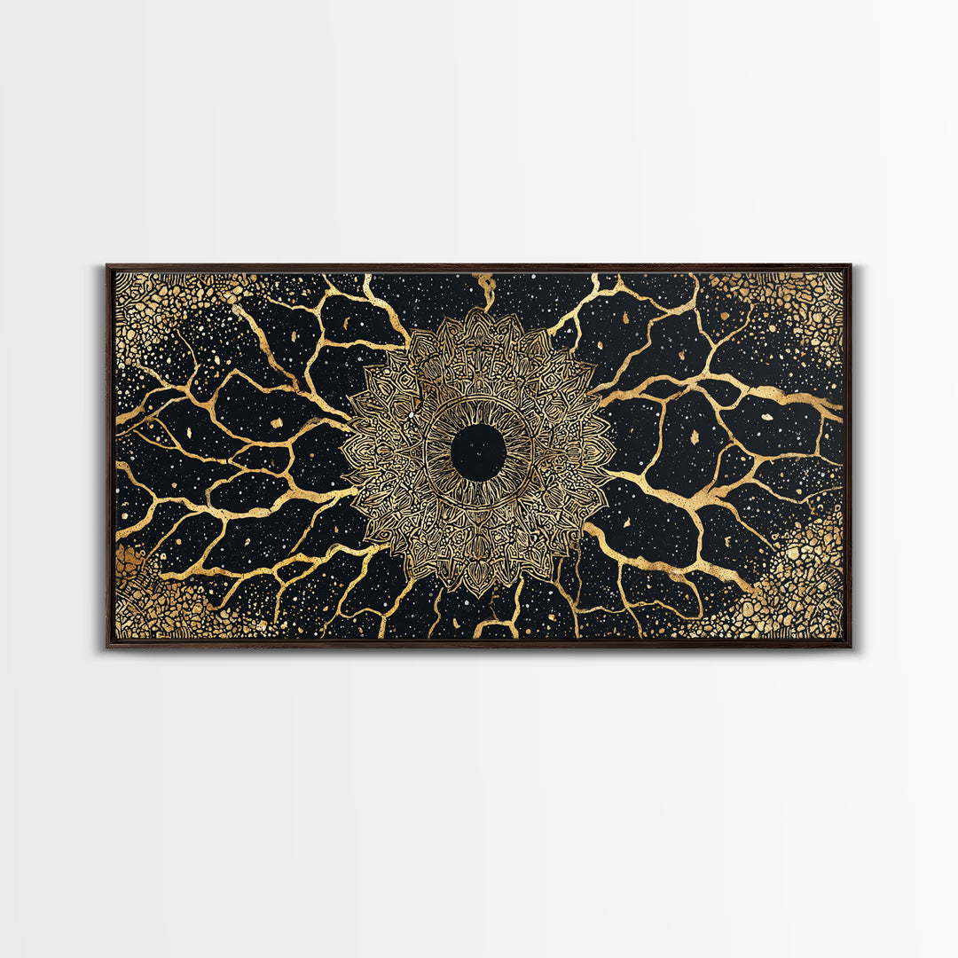 Golden Mandala Cosmos Wall Art, Black And Gold Abstract African Inspired Decor, Spiritual Geometric Canvas Print For Living Room