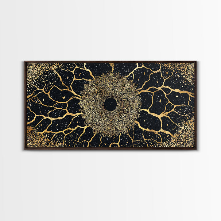 Golden Mandala Cosmos Wall Art, Black And Gold Abstract African Inspired Decor, Spiritual Geometric Canvas Print For Living Room