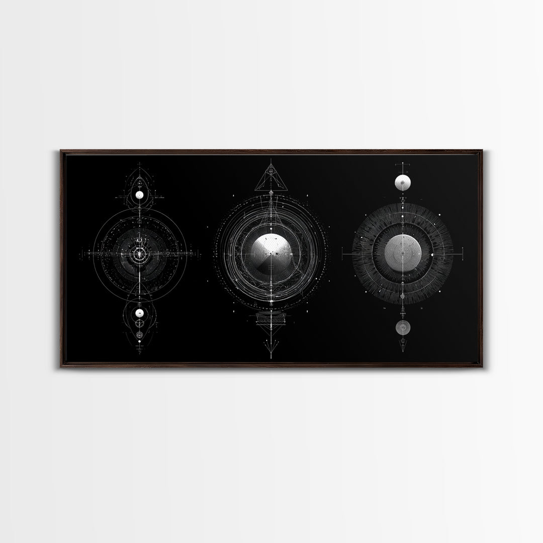 Celestial Geometry Triptych Canvas Print, Black And Silver Abstract Wall Art, Mystical Modern Decor For Meditation Room Gift