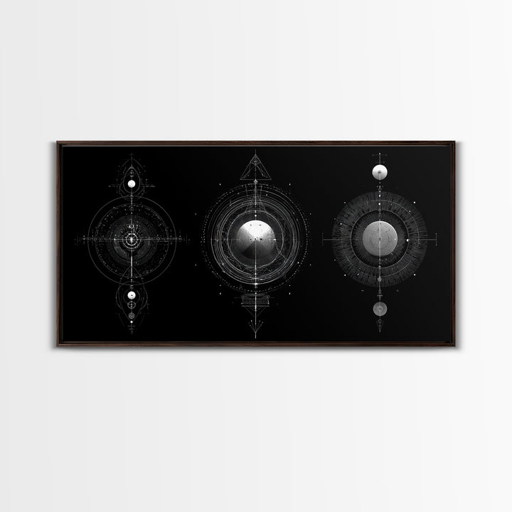 Celestial Geometry Triptych Canvas Print, Black And Silver Abstract Wall Art, Mystical Modern Decor For Meditation Room Gift