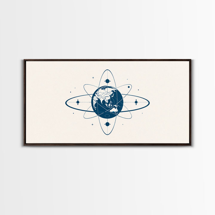 Blue Earth Atom Wall Art, Minimalist Globe Orbit Illustration, Science Inspired Canvas Print, Modern Office Decor For Home