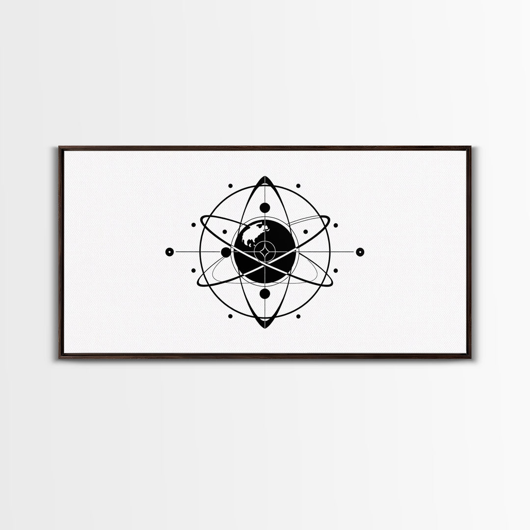 Minimalist Black Earth Atom Canvas Print, Globe Orbit Line Art, Modern Science Wall Art, Clean Office Decor For Home Gift