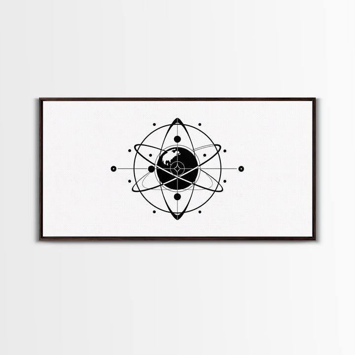 Minimalist Black Earth Atom Canvas Print, Globe Orbit Line Art, Modern Science Wall Art, Clean Office Decor For Home Gift
