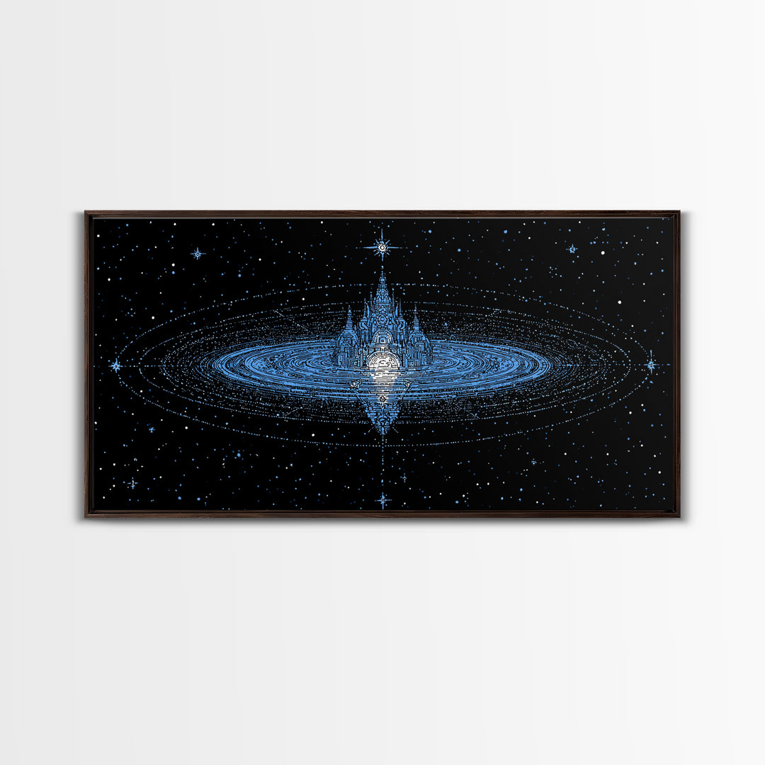 Blue Star City Wall Art, Cosmic Castle On Water, Dreamy Celestial Canvas Print, Mystical Night Sky Decor For Bedroom Gift