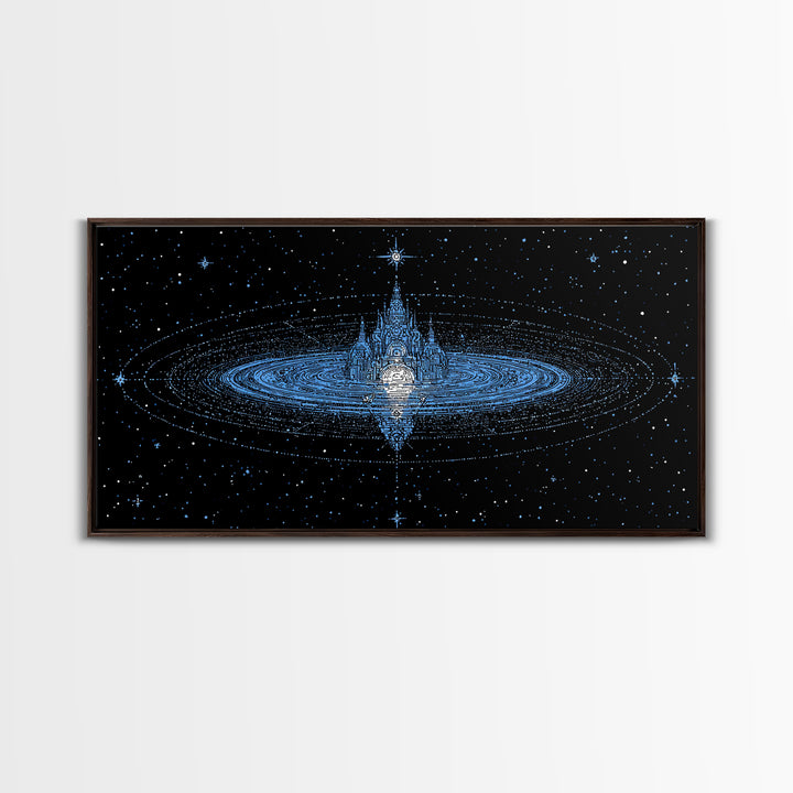 Blue Star City Wall Art, Cosmic Castle On Water, Dreamy Celestial Canvas Print, Mystical Night Sky Decor For Bedroom Gift