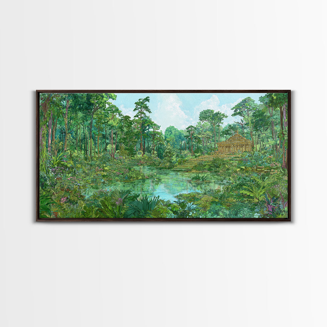 Lush Jungle Temple Wall Art, Tropical Lagoon Landscape, Green Nature Canvas Print, Serene Boho Home Decor Gift For Living Room