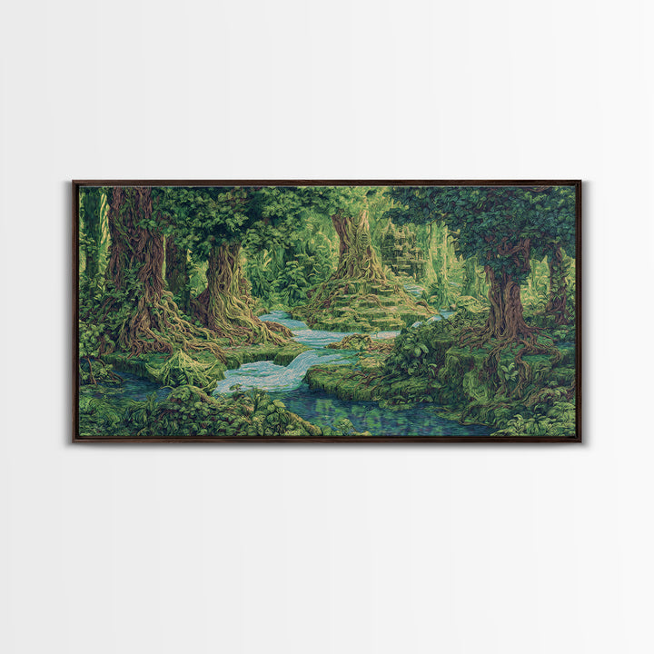 Ancient Jungle Stream Canvas Print, Fantasy Forest Ruins, Green Nature Wall Art, Tropical Landscape Decor For Living Room
