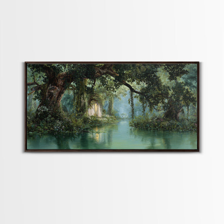 Misty Bayou Forest Wall Art, Dreamy River Landscape, Ancient Trees Canvas Print, Elegant Green Nature Decor For Home Gift