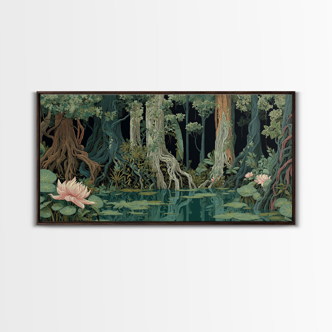 Dark Mangrove Swamp With Lotus Flowers Wall Art, Moody Jungle African Landscape, Boho Nature Canvas, Living Room Decor Gift