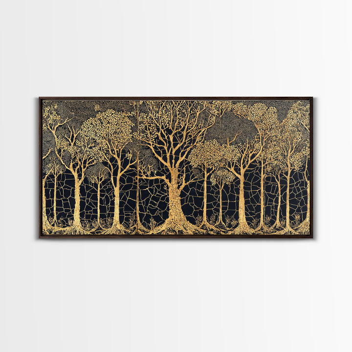 Golden Forest Of Bare Trees Wall Art, Black And Gold African Inspired Nature Print, Elegant Boho Home Decor, Statement Gift