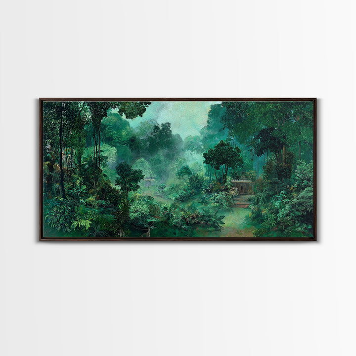 Misty Emerald Jungle Path Wall Art, African Safari Landscape, Tropical Nature Scene, Green Living Room Decor, Serene Gift