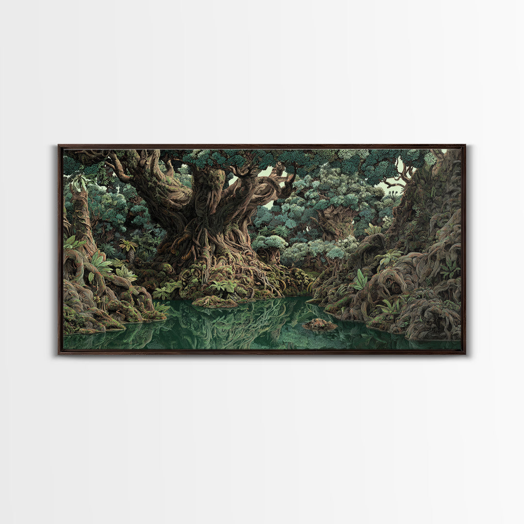 Ancient Banyan Tree Lagoon Canvas Print, Mystical Jungle African Landscape Wall Art, Boho Nature Decor, Statement Home Gift