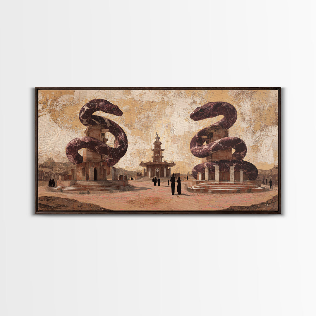 Twin Serpent Desert Plaza Framed Canvas Print, African Inspired Wall Art, Warm Terracotta Cultural Decor, Unique Home Gift