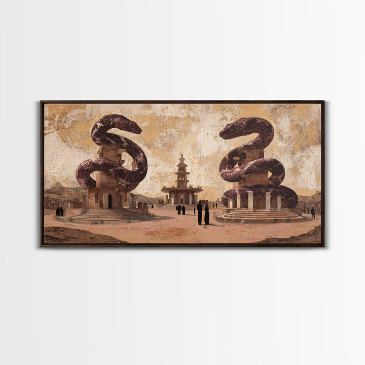 Twin Serpent Desert Plaza Framed Canvas Print, African Inspired Wall Art, Warm Terracotta Cultural Decor, Unique Home Gift