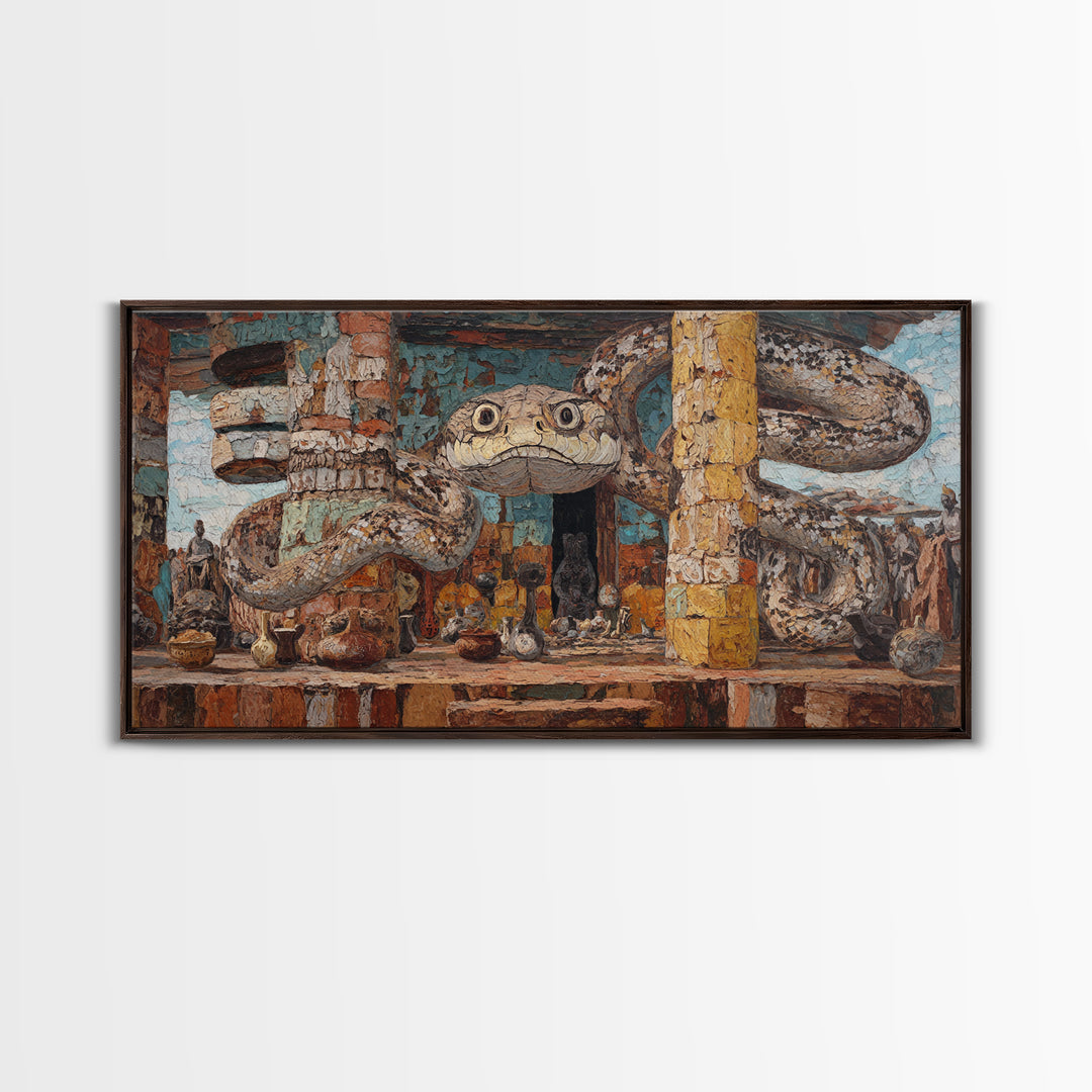 Giant Serpent Market Scene Canvas Print, African Tribal Art, Snake Sculpture Decor, Rustic Bazaar Wall Decor Gift For Living Room