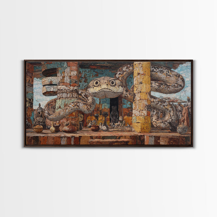 Giant Serpent Market Scene Canvas Print, African Tribal Art, Snake Sculpture Decor, Rustic Bazaar Wall Decor Gift For Living Room