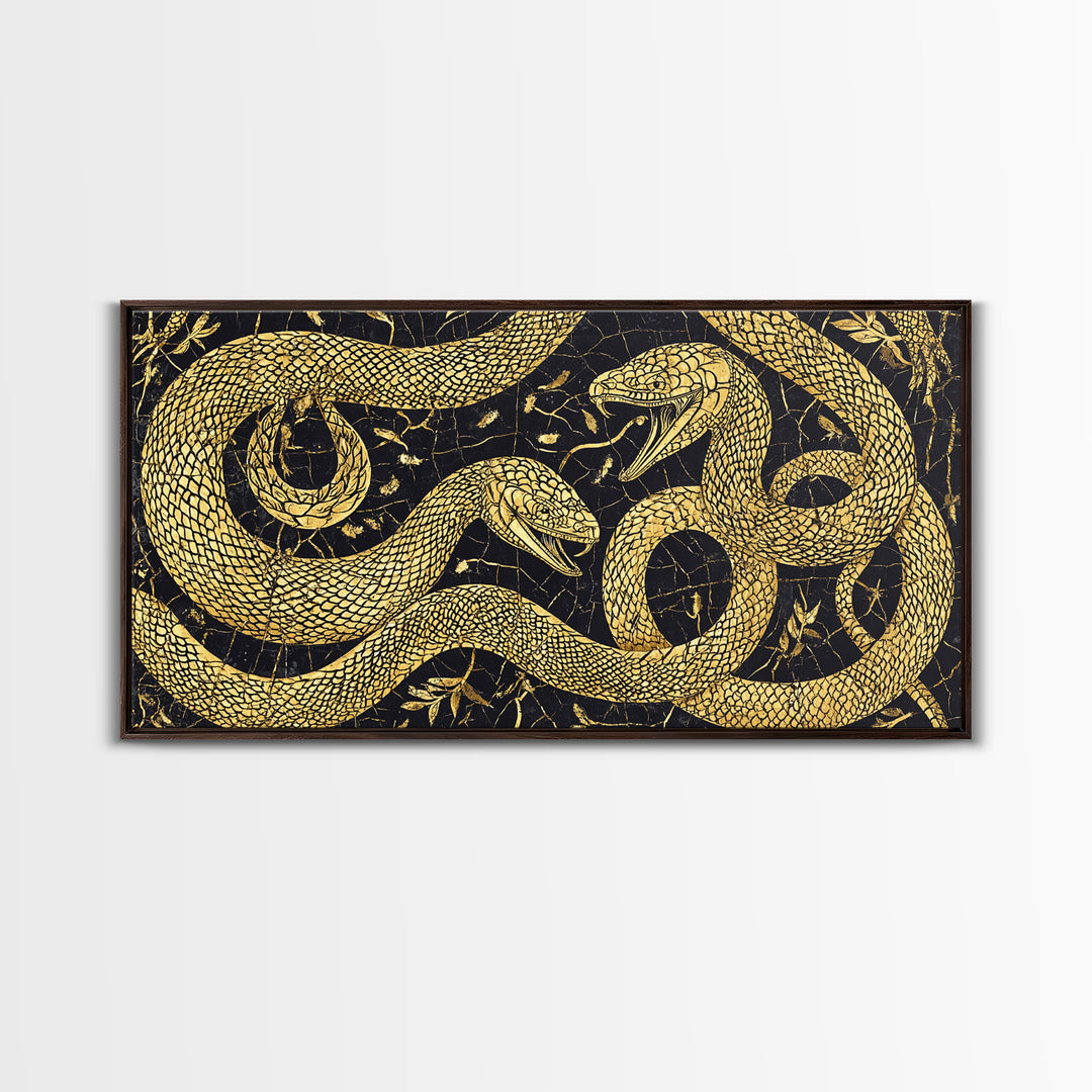 Gold Serpent Botanical Canvas Print, Black And Gold Snake Wall Art, African Inspired Luxury Decor For Bedroom And Office