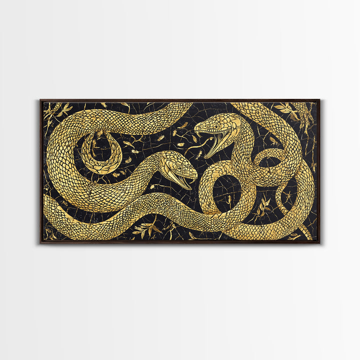 Gold Serpent Botanical Canvas Print, Black And Gold Snake Wall Art, African Inspired Luxury Decor For Bedroom And Office