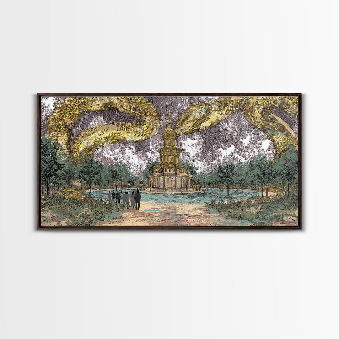 Golden Serpents Over Palace Gardens Wall Art, Surreal Botanical Landscape, Luxury Canvas Print For Elegant Home Decor Gift