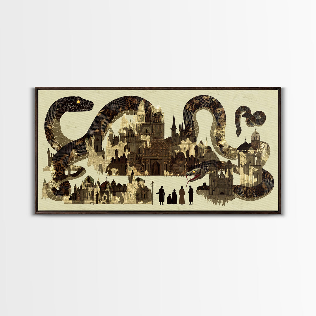 Sepia Serpent Cityscape Canvas Print, Historic Architecture Wall Art, Fantasy Snake Artwork For Study Room Decor Gift For Him