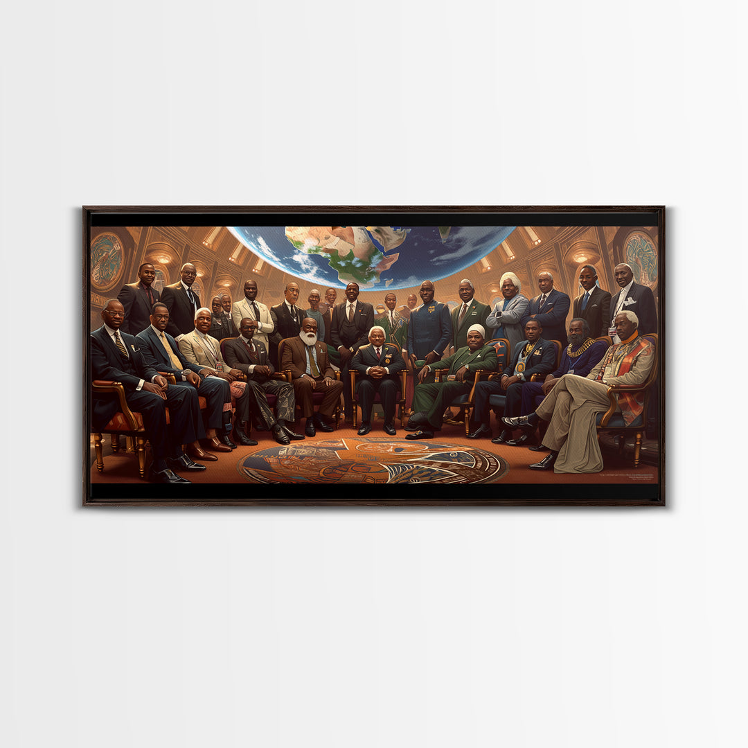 Pan African Council Under Globe Framed Canvas Print, Black Culture Wall Art, African American Leaders Office Decor Gifts
