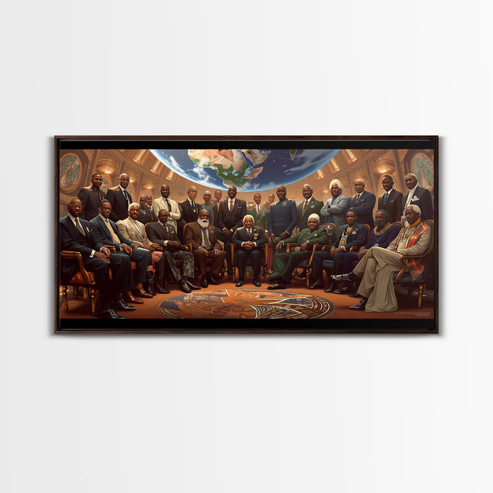 Pan African Council Under Globe Framed Canvas Print, Black Culture Wall Art, African American Leaders Office Decor Gifts