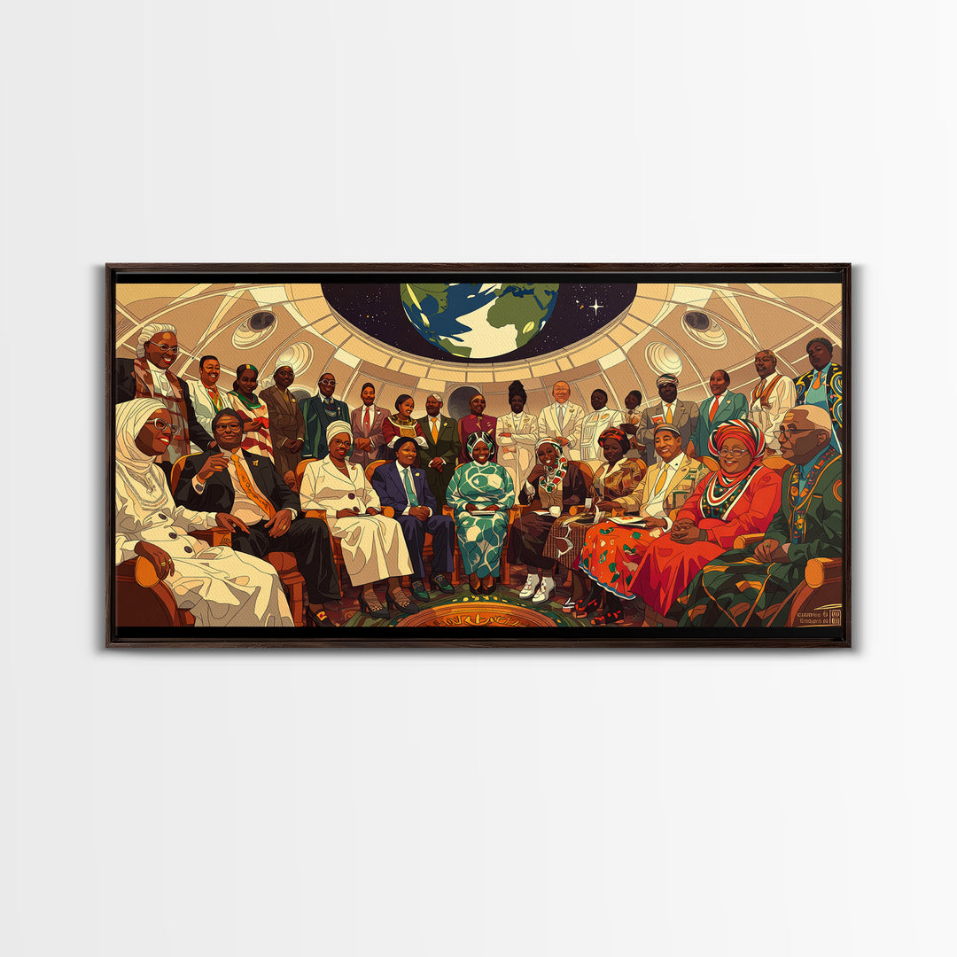 Afrofuturist Elders Council Framed Canvas Print, African American Art, Black Culture Art, Modern African Art, Home Decor