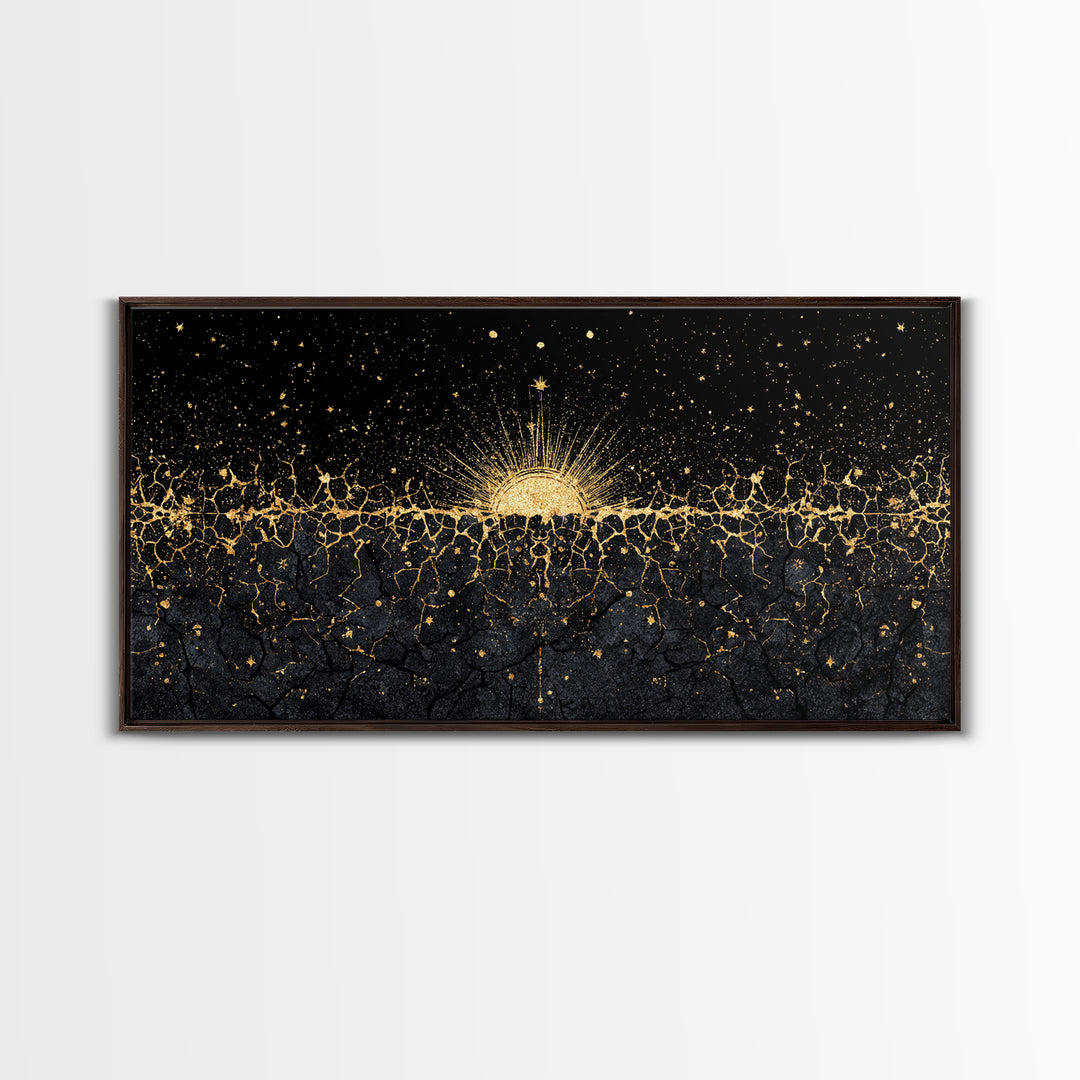 Golden Sunrise Over Ancestral Horizon Wall Art, Black And Gold Art, African Inspired, Spiritual Wall Art, Elegant Home Decor