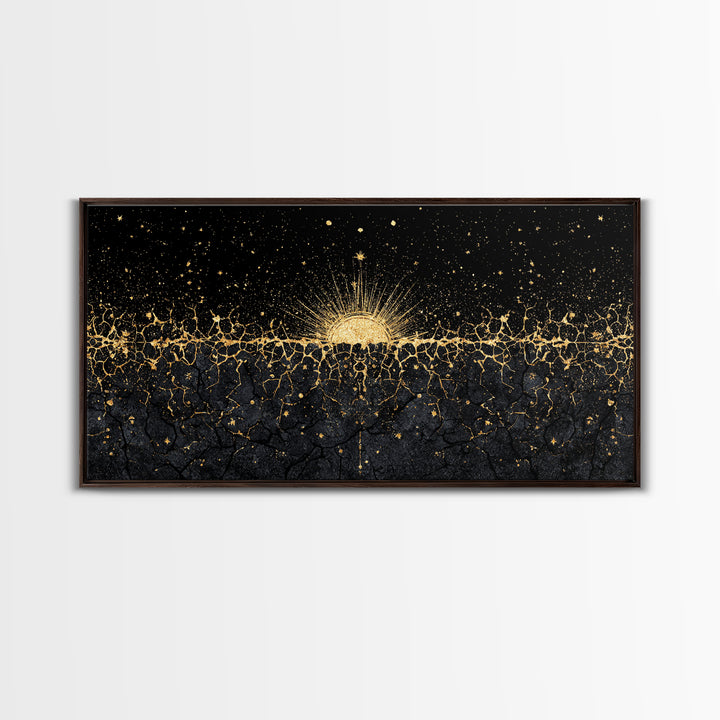 Golden Sunrise Over Ancestral Horizon Wall Art, Black And Gold Art, African Inspired, Spiritual Wall Art, Elegant Home Decor