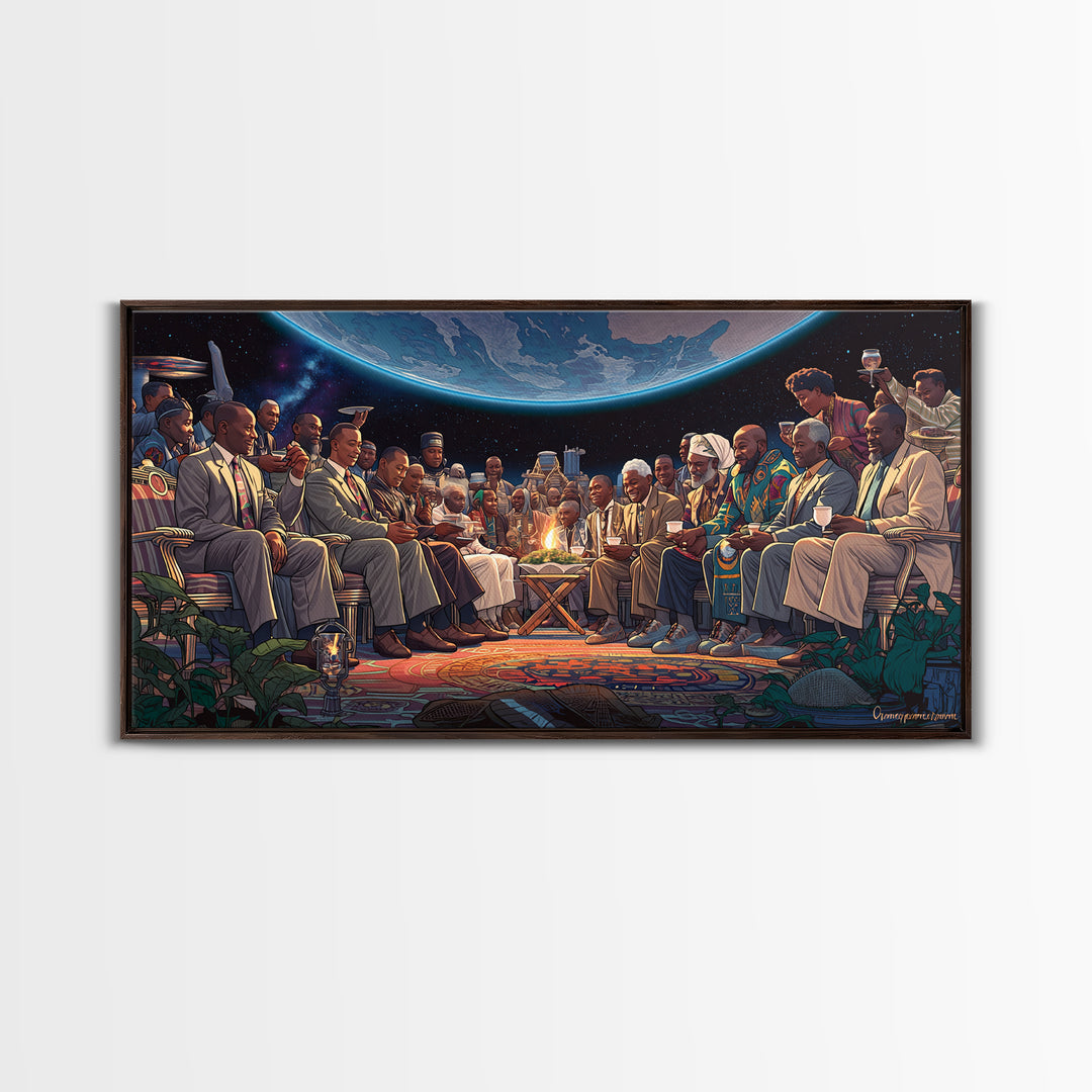 Moonlit Global Council By Fire Wall Art, African American Art, Afrocentric Decor, Black Culture Art, Unique Canvas Print Gift