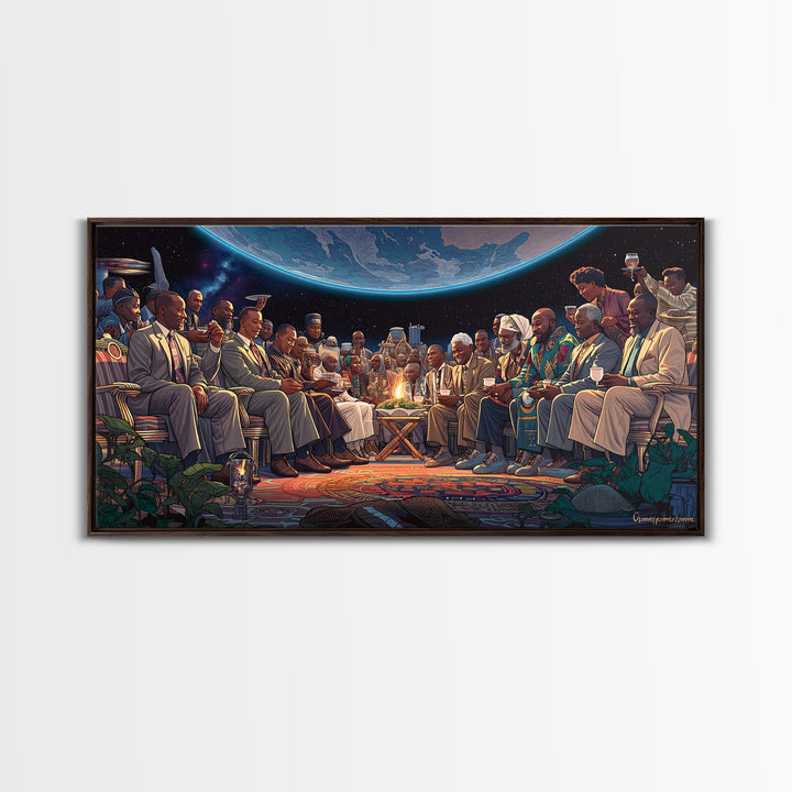 Moonlit Global Council By Fire Wall Art, African American Art, Afrocentric Decor, Black Culture Art, Unique Canvas Print Gift