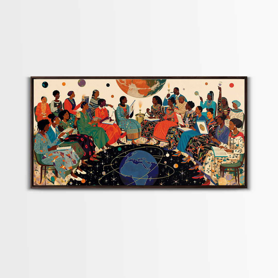 Cosmic African Women Circle With Planets Canvas Print, Black Women Art, Afrocentric Wall Art, Vibrant Cultural Home Decor