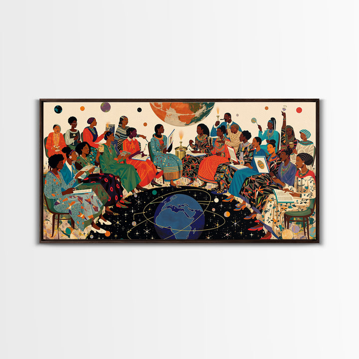 Cosmic African Women Circle With Planets Canvas Print, Black Women Art, Afrocentric Wall Art, Vibrant Cultural Home Decor