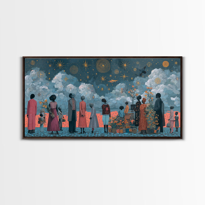 Starry Ancestral Gathering Beneath Clouded Sky Framed Canvas Print, African Wall Art, Spiritual Black Culture Decor Gift