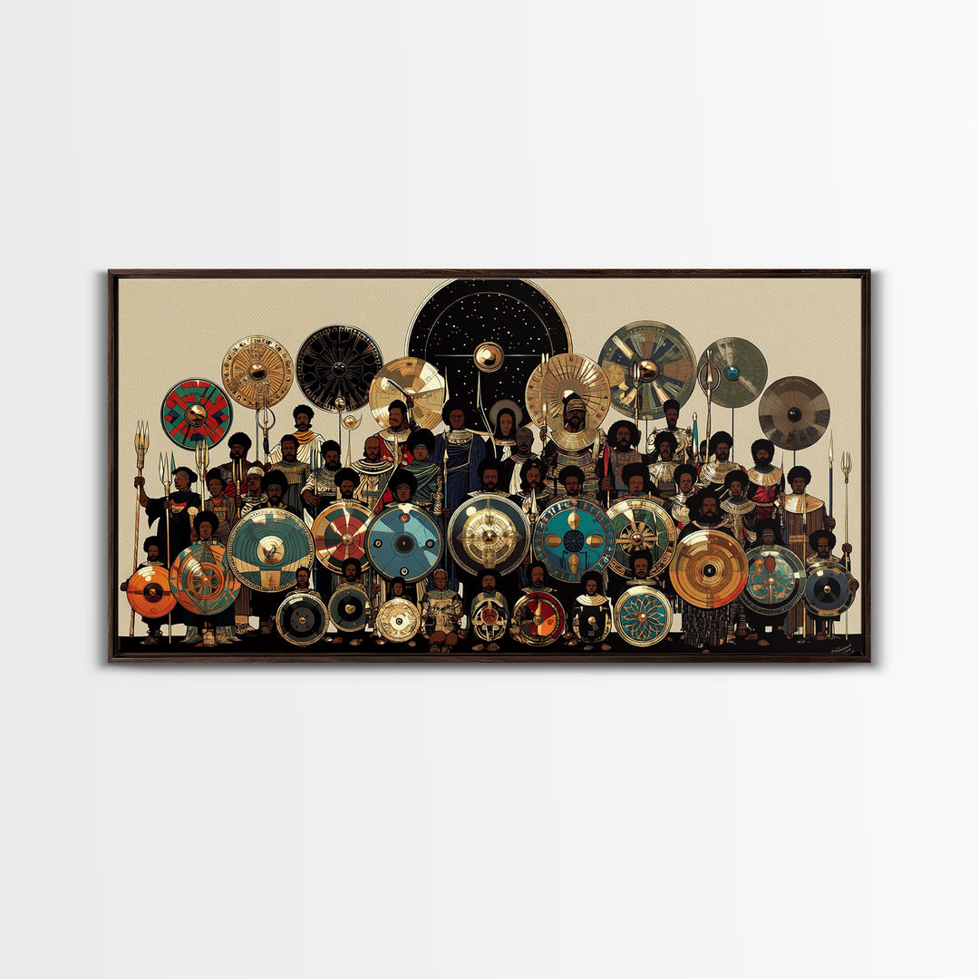 Regal African Shield Bearers With Tribal Parasols Framed Canvas Print, African Warrior Art, Black Culture Wall Decor Gift
