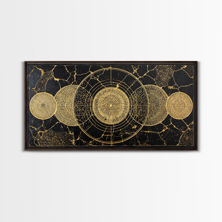 Golden Lunar Phases Celestial Geometry Wall Art, Black And Gold Abstract African Inspired Decor, Mystic Boho Canvas Print