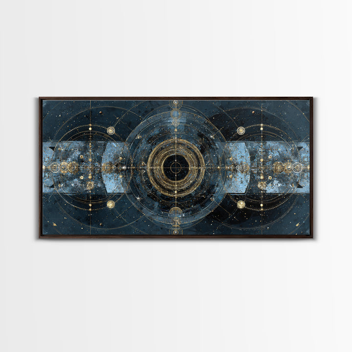 Blue Gold Cosmic Portal Canvas Print, Abstract Wall Art With Sacred Geometry, Modern Luxury Decor For Living Room And Office