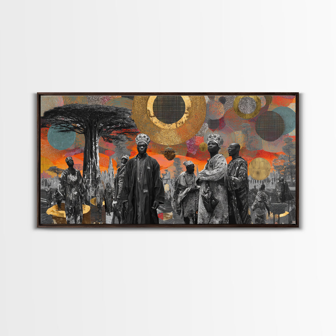Royal African Figures Under Baobab Sun Wall Art, Afrocentric Black Culture Art, Gold Collage Canvas Print For Elegant Home Decor